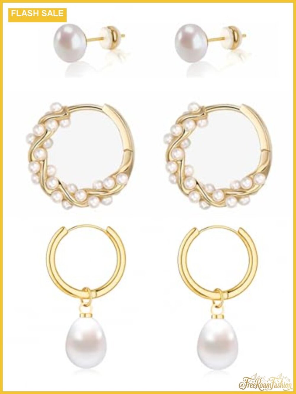 3 Pairs Pearl Earrings Set for Women 14K Gold Plated Stud Hoop Drop Huggie
